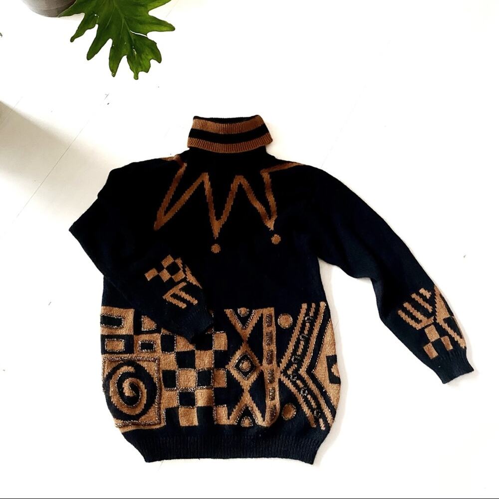 IB DIFFUSIONS Black & Brown Silk Blend Beaded Turtleneck Sweater Small - Picture 4 of 8